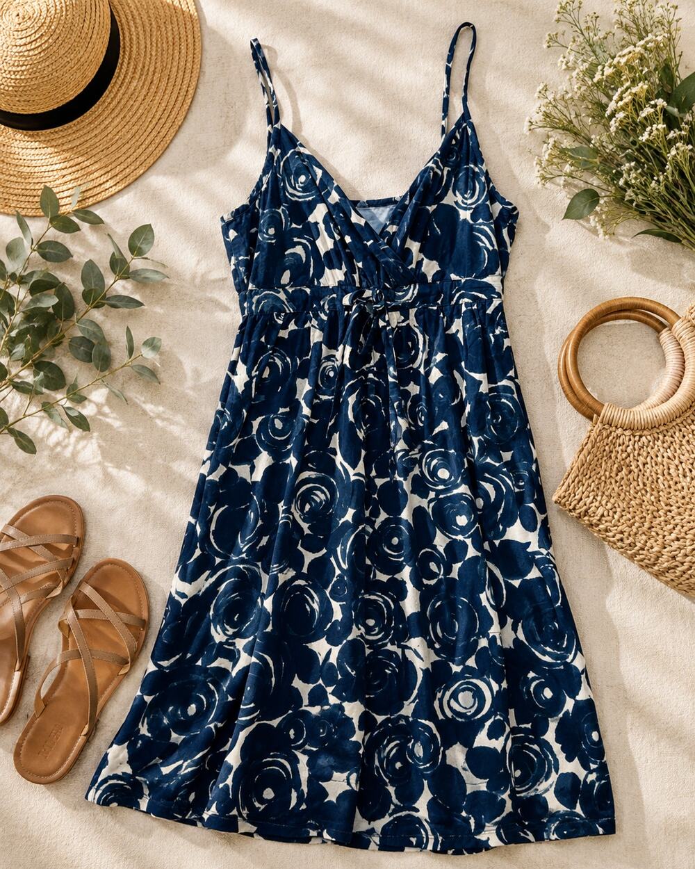 Garnet Hill Blue Floral Empire Waist Sundress Mini Dress Women's 12